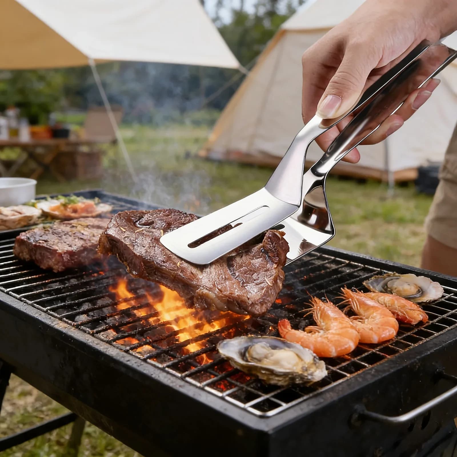 1/2/4 db rozsdamentes acél steakcsipesz és konyhai forgatólapát