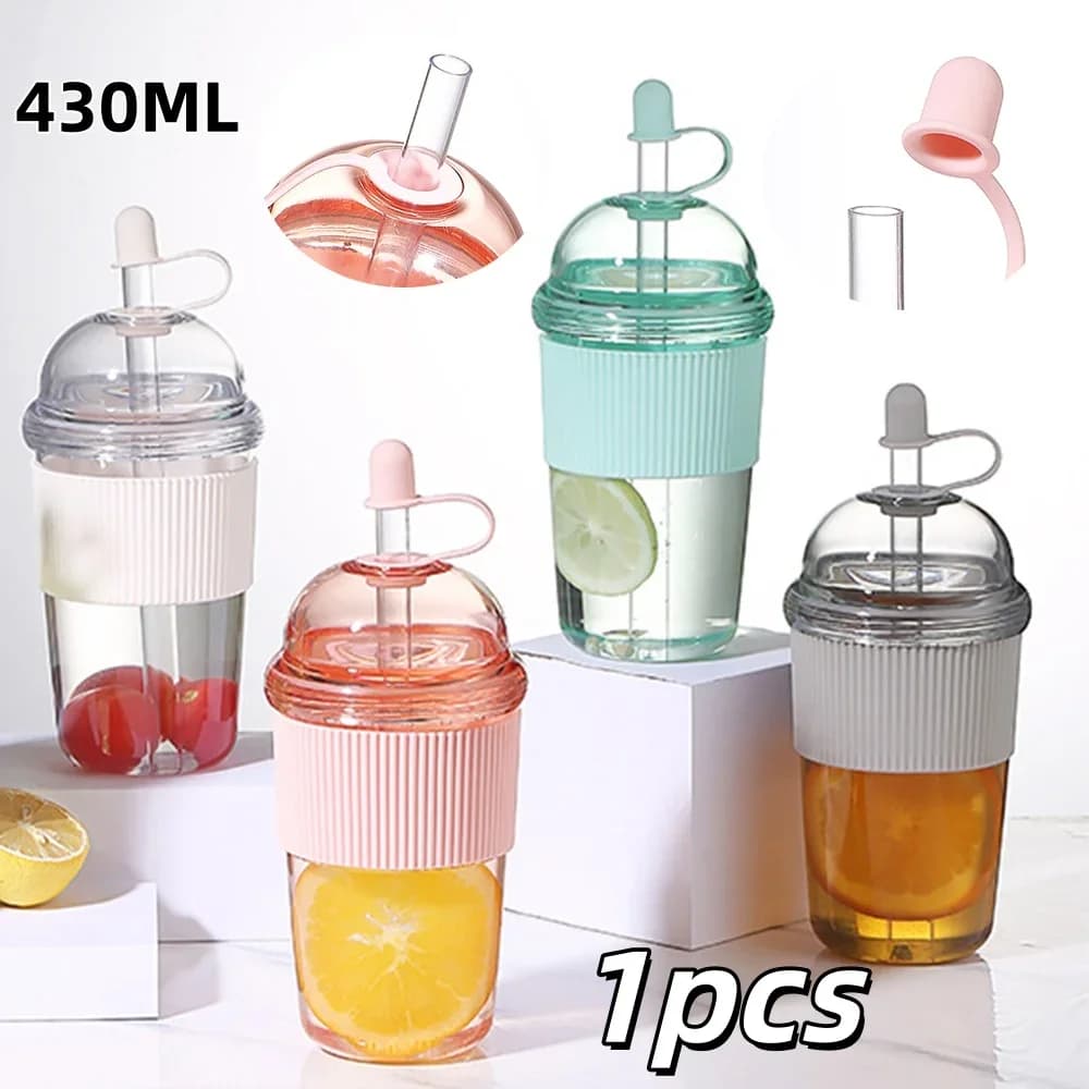 Hordozható szívószálas műanyag vizespalack és pohár, 430 ml